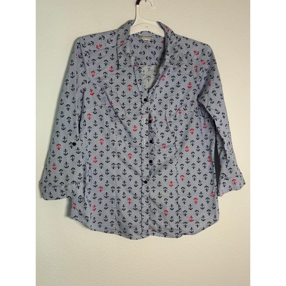 Rebecca Malone Womens Blue White Pinstripe Anchor Print 3/4 Sleeve Shirt Size M